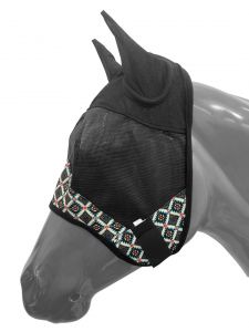 Showman Aztec print accent horse size fly mask with ears - white with color accents